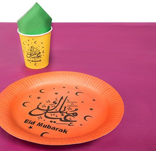 Robelli Eid Mubarak Orange Assiette Multicolore Vaisselle Set - 10x Assiettes en Papier, 10x Tasses, 20x Serviette & Nappe