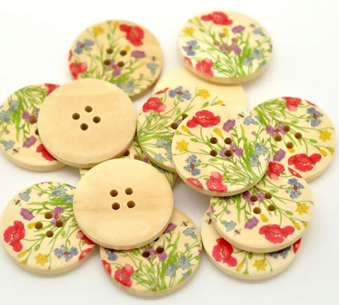 CansyY Set med 20 eleganta träknappar blomdesign 30 mm naturliga 4-håls runda knappar träknappar för sömnad hantverk sömnad scrapbooking jacka knappar blusknappar hantverksknappar