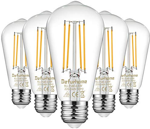 Defurhome ST58 E27 6W LED Edison Light Bulbs 60W Equivalent, Daylight White 5000K, Not Dimmable, Clear Glass, E27 Base Lamp for Home, Restaurant, Reading Room, Pack of 5