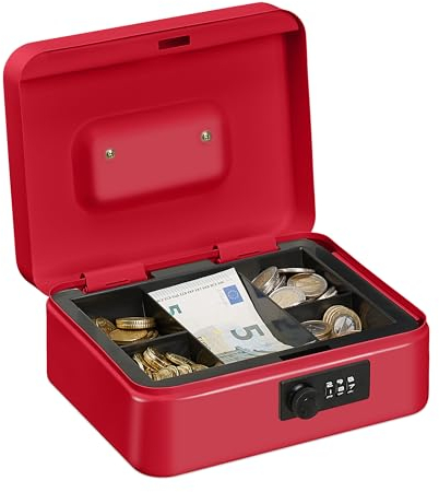 Relaxdays Caisse à monnaie, avec combinaison à 3 chiffres, rangement d’argent en fer, H x L x P 8,5 x 20 x 17 cm, rouge
