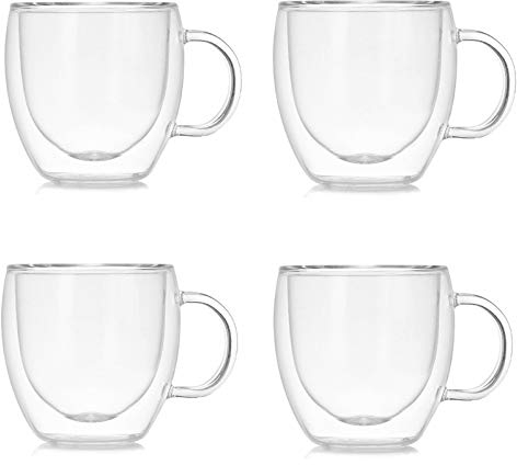 Marooma Glass Coffee Cups, 150ML Double Walled Insulated Thermo Glass Drinking Mugs, Heat Resistant Borosilicate Glasses Mugs with Handle for Coffee, Tea, Espresso, Beer - Set of 4