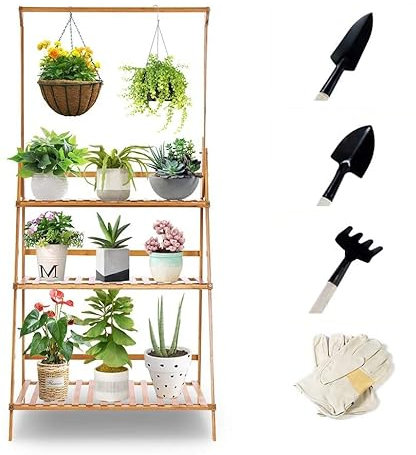 Estante de flores multifuncional de múltiples capas, escaleras de plantas de bambú para más plantas y cestas colgantes, para balcón interior, sala de estar, decoración de jardín al aire libre 68,5 x