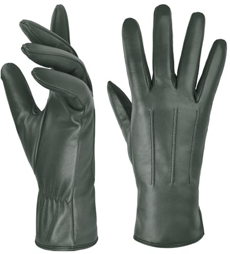 Harssidanzar Ladies Leather Gloves,Winter Warm Cashmere Lining Touchscreen Texting Warm Driving Lambskin Leather Gloves For Womens GL017,Hunter Green,Size S