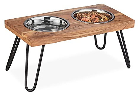 Relaxdays Napfständer, Edelstahlnäpfe 1200 ml, Hundefutterstation aus Akazienholz, Hundebar HBT 23 x 49,5 x 25 cm, braun | Hundefutterstation aus Akazienholz, Hundebar HBT 23 x 49,5 x 25 cm