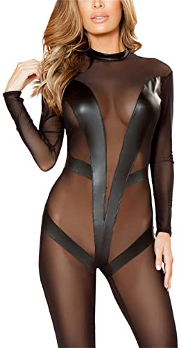 SMGZC Dam sexig spets transparent pyjamas underkläder catsuit overall underkläder body (XL)