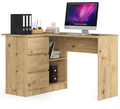 AKORD Eck-Schreibtisch B-16 mit 3 Schubladen und 2 Ablagen | Schreibtisch | ecktisch | Eck Schreibtisch für Home Office | Einfache Montage | B124 x H77 x T85, 48 kg Kunsthandwerkliche Eiche