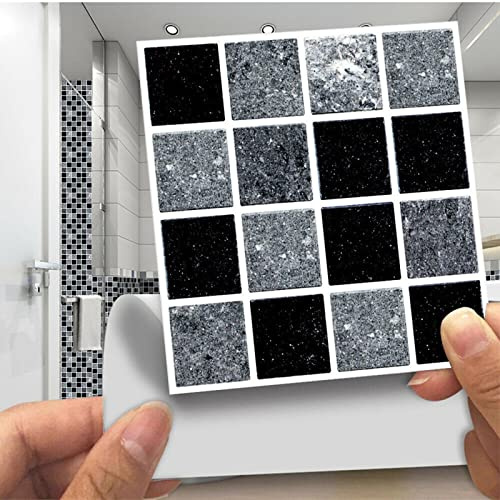 Ranrao 40pcs Wall for Tile Stickers - Black, Grey Marble Effect, Self-Adhesive Square, Bathroom & Home Decor