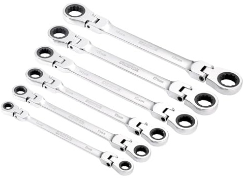 Draper 27762 HI-TORQ Metric Flexible Head Double Ring Ratchet Spanner Set (6 Piece)
