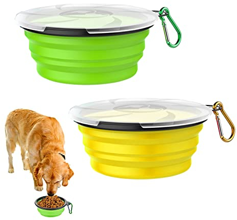 Cuenco Plegable Perro,Bebedero Portatil Mascota,Comedero Para Viaje,Bowl Alimentar Mascota,Tazón Fuente Alimentación Perros,Plato Para Perros,Cuenco Para Mascota,Con Mosquetón Y Tapa,2PCS,350ml,Kiuiom