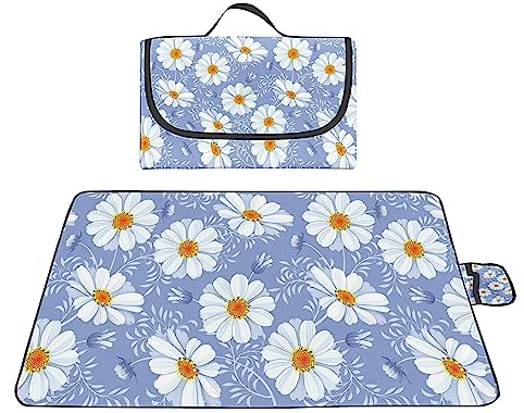 Picknickdecke 200x200cm,XXL Picknickdecke mit Wasserdichter Unterseite,Outdoor Stranddecke Sandfrei,mit Tragegriff Faltbare Picnic Blanket für Camping,Strand,Familie,Konzerte Lila Gänseblümchen Blumen