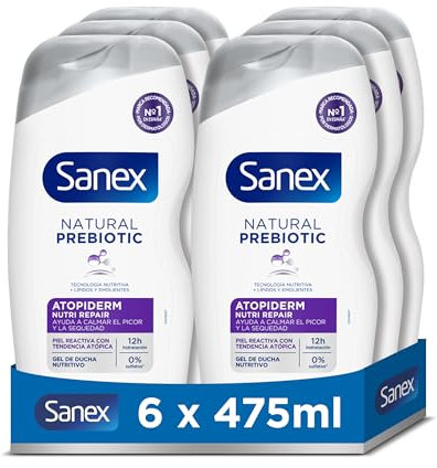 Sanex Natural Prebiotic Atopiderm Gel de Ducha, Pack 6 Uds x 475ml, Gel de Baño para Piel Reactiva con Tendencia Atópica, Ayuda a Calmar el Picor y la Sequedad, 12H de Hidratación