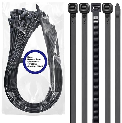 RUNYU 50 Stück Kabelbinder Schwarz 600mm × 8.8mm, Ultra Stark Kabelbinder UV Beständig Kabelbinde Wiederverschließbar Mit 90Kg Zugfestigkeit, Nylon Zip Ties für Werkstatt Elektroinstallation