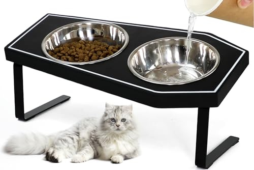 OPELETNNT Katzenfutternäpfe erhöht, Gothic Katzennäpfe Erhöhte Katzennäpfe für Indoor-Katzen mit rutschfestem Ständer & Bambusbrett, Edelstahl und Schnurrhaar-freundliche Futternäpfe