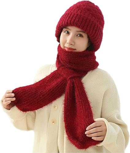 LIANGERMAO Kapuzenschal, Kapuzenschal damen, Schalmütze damen, Mützenschal damen, Mützenschal, Frauen dicke warme Ohrenschutz Mütze Schal, 2-in-1-Schal-Strickmütze (Rot)