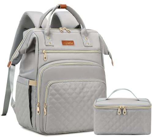 AIJIEKE Lunch-ryggsäck, 15,6-tums laptopryggsäck med lunchväska, ryggsäck-kylare för kvinnor, lunchbox-fack, GRÅ, 12.2 x 9.2 x 17.2 inches (Backpack), 10.6 x 6.8 x 5.6 inches (Lunch Bag), Ryggsäck