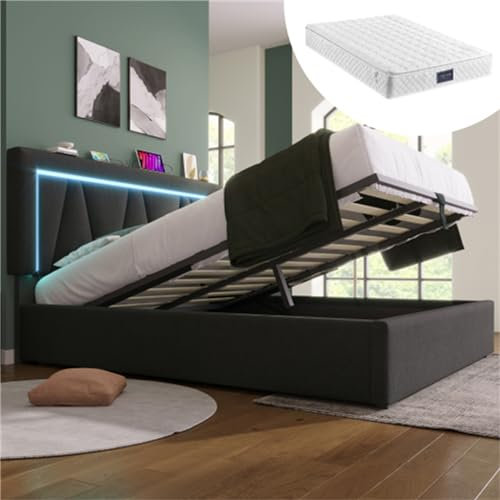 Tcewhhy Polsterbett Mit USB Typ C Ladefunktion Und LED-Beleuchtung Doppelbett King Size Bettkasten Stauraumbetten Bettgestell Aus Leinenmaterial Jugendbett Gästebett Grau 160x200 cm Mit Matratze