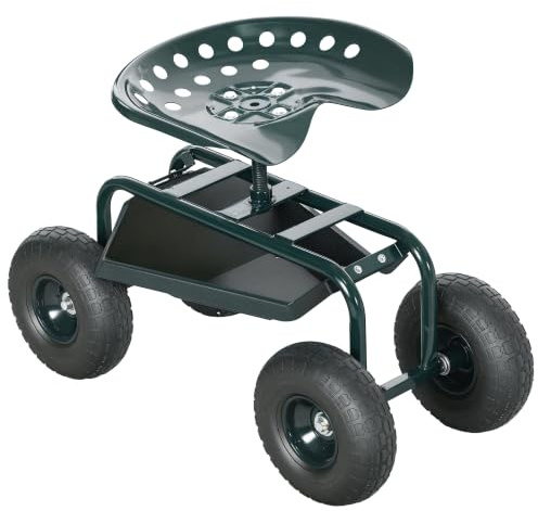 Outsunny Rollsitz Gartenrollsitz Werkstattwagen mit Ablage Korb Grün | Rollwagen, Arbeitssitz, fahrbar, drehbar, Richtung für Kleine Gartengeräte, Stahl