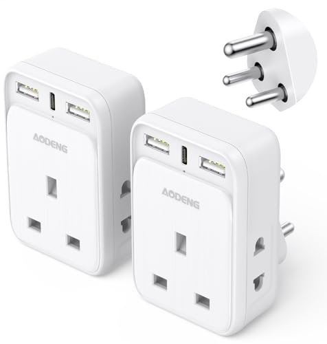 UK to India Plug Adapter 2 Packs, Grounded UK to India Travel Adapter with 3 USB Ports 32W USB C Fast Travel Charger, Travel Adaptor Plug UK to india for India, Pakistan, Sri Lanka, Yemen(Type D)