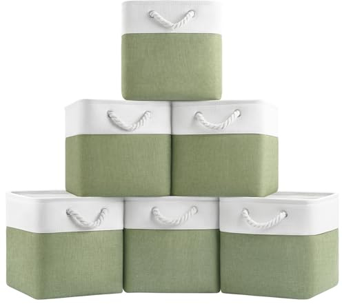 Patvingot 11 Inch Cube Storage Bins, 6 Pack Fabric Storage Cubes with Rope Handles, Organizer Baskets for Closet Shelves, Clothes and Home Organization(White/Green)