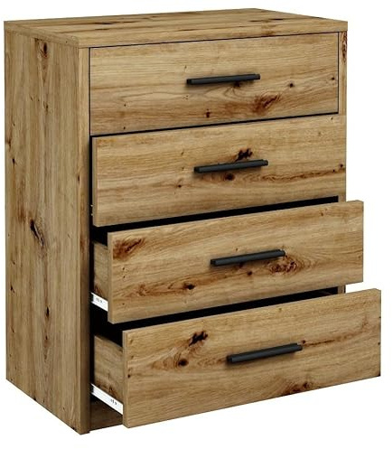 MATKAM Schubladen-Kommode Bodo 4S in moderner Optik, B60 x H75 x T35 cm, laminierte Möbelplatte, mit Rückwand, 4Schubfächer, Jede mit länglichem Griff zum Aufmachen (Artisan Eiche)