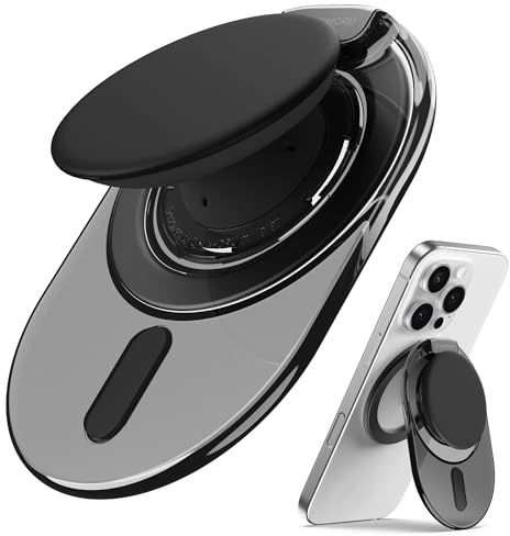 Sinjimoru for MagSafe Phone Grip, 2024 New Adjustable Stand with 3000G Soft Silicone Magnetic Grip Fits for iPhone Series, M-Tap Tok Stand Clear Black | M-Tap Tok Stand, strong magnet, soft silicone grip, Adjustable Kickstand for Portrait or Landscape, metal plate included