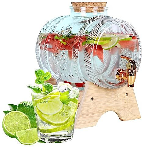 Dispenser per bevande in vetro, dispenser per succo in fusto da 1 l/3 l/5 l con rubinetto e supporto, dispenser per bevande in barattolo per bevande per feste, succhi, tè freddo, limonata, birra fre