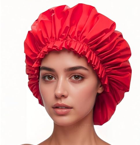 REROON Large Waterproof Shower Cap for Long Hair, Reusable Jumbo Shower Bonnets, Shower Head Cover for Locs, Curly, Baids & Wigs, XL Size Hair Cap for Spa Home Salon Use | Red
