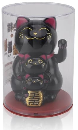 Jwthee Lucky Cat Waving Arm, 4.5in Solar Waving Cat Moving Arm Maneki Neko Lucky Beckoning Feng Shui Cat Good Luck for Welcoming Fortune Wealth Prosperity Decoration