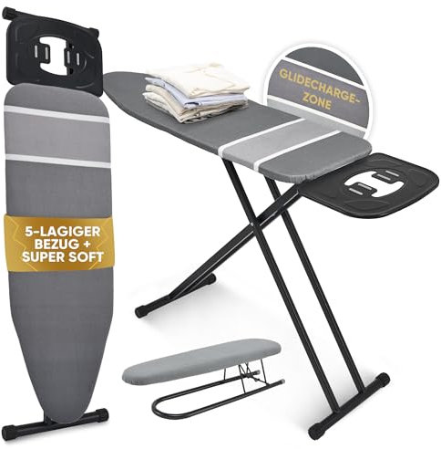 Avieto XXL Bügelbrett 124x43 cm für Dampfbügeleisen | 5-lagig, dampfdurchlässig, hitzereflectierend Alu-Beschichtung | GlideCharge Zone inkl Armbügler