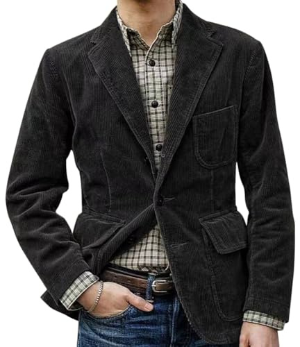 Oanviso Veste Vintage en Velours Côtelé pour Homme Coupe Ajustée Blazer à 2 Boutons Jacket Veste De Costume à Revers avec Bouton Veste A-Noir XS