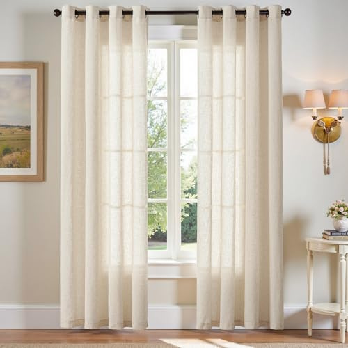 TOPICK Gardinen mit Ösen Leinen Vorhänge für Wohnzimmer Küche Kinderzimmer Schlafzimmer Vorhang Lichtdurchlässig Ösenvorhang Landhausstil Modern Vintage Gardinen 2er Set 130B x 225H cm Beige