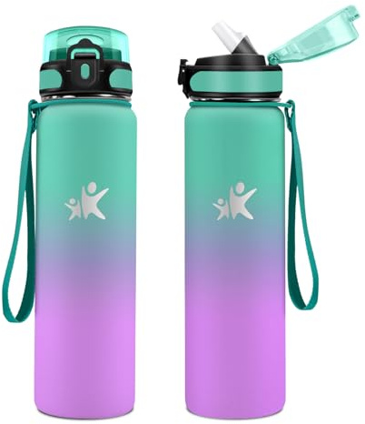 KollyKolla Bouteille Isotherme 1L, Gourde Sport avec Paille, Gourde Acier Inoxydable, Anti-Fuite, Bouteilles sans BPA, Réutilisable, Gourde Inox pour Camping, Enfant, Fille, Randonnée, Cyclisme