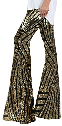Pantalon Paillettes Femme Pantalons Haute Taille Mode Métallisé Pantalon Jambe Large Pantalon Évasé Brillant Longue Pants Disco Danse Hip Hop Jazz Pantalon De Soirée Cocktail Clubwear Pantalon