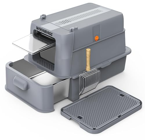 Wooaidagg Stainless Steel Cat Litter Tray with Lid, Large Covered Metal Cat Litter Box with Scoop and Mat for All Cat,Odour Control,Non Stick Surface,Easy Clean (Dark Grey)