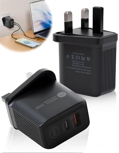 2 Pack 25W Super Fast Charger Plug for Samsung USB C PD+QC 3.0 UK Charger Adaptor PPS Fast Charging Adapter Compatible with Galaxy S24/S23/S22/S21/S20/A55/A15/A14 lPhone 16/15/14/ Google Type C Device