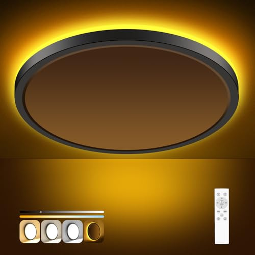 zemty 22cm LED Deckenleuchte Dimmbar, 15W Deckenlampe mit Fernbedienung, Flach Deckenleuchte Rund mit nachtlichtfunktion für Schlafzimmer Badezimmer Kinderzimmer(Schwarz,1 Stück)