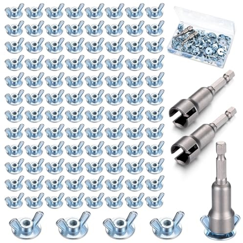 Otoolling 102 Pcs 1/4 -20 Washer Wing Nuts Set with Power Driver Bit Hurricane Protection Hardware Hexagon Head Drill Driver Bits Panel Wing Nuts with Socket Wrenches for Shutter