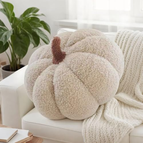 Kürbis Kissen Herbst Deko Halloween Plüsch Kürbis Dekokissen 3D Kürbisoptik Kürbiskissen für Erntedankfest Weihnachten Gefüllte Zierkissen Sofakissen für Schlafzimmer,Creme,20cm