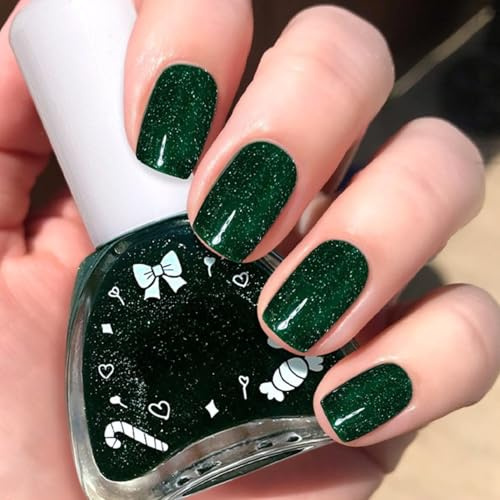 Christmas Green Glitter Nail Polish,Diamond Nail Varnish Reflective,Long Lasting Emerald Green Nail Polish Vegan,Bright Deep Shimmer DIY Manicure, No Required UV/LED