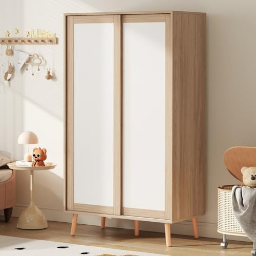 Generisch Armoire à vêtements pour enfants 80×46×141,5 cm, armoire à portes coulissantes avec tringle à vêtements, matériau en panneaux de particules, pieds en bois massif, blanc bois naturel