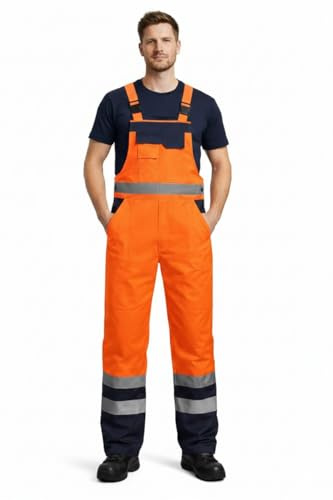 SHEEN Hi Vis Bib and Brace Overalls Waterproof Reflective Workwear Dungarees for Men, Adjustable Shoulder Straps, High Visibility Safety Work Trousers (UK, Alpha, L, Regular, Regular, Orange Navy)