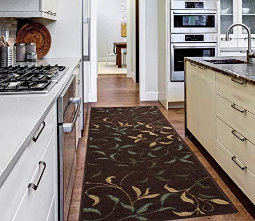 Ottomanson Tapis De couloir Collection Ottohome Dos en Caoutchouc Motif Feuilles Style Contemporain 50 cm x 150 cm Marron