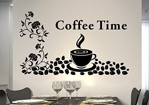 Wandtattoo wandaufkleber Aufkleber Wandsticker wall sticker Wohnzimmer Schlafzimmer Kinderzimmer KÜCHE 30 Farben zur Wahl Wandtext Wandwort Wandspruch spruch Zitat Küche Schriftzug CAFE COFFEE KAFFEE KÜCHE blume Ranke wkf03(071 grau, Größe1:ca.50x30cm )