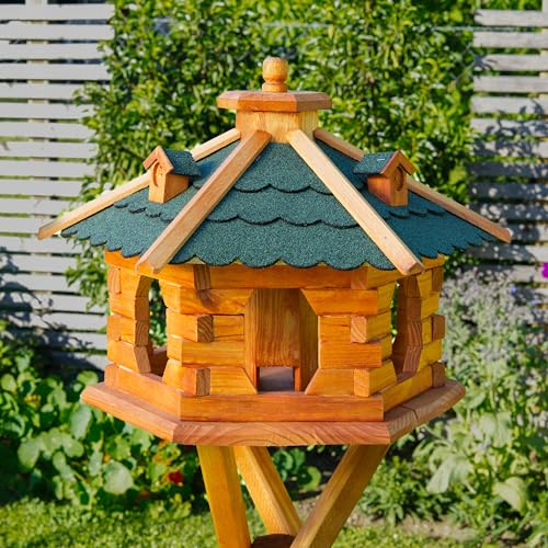 Deko-Shop-Hannusch Vogelhaus wahlweise mit Ständer und Solarbeleuchtung, Verschiedene Größen L - XXL und Dachfarben möglich, Futterhaus mit Futtersilo und wetterfestem Bitumendach, Holz, V16