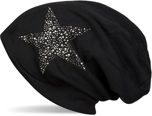 styleBREAKER Damen Slouch Beanie Mütze mit Strass Stern | Glitzer Longbeanie aus weicher Viskose | One Size für Erwachsene, Farbe:Schwarz