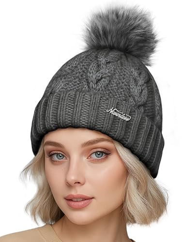 Neverless® Damen Strickmütze mit Pompom Zopfstrickmuster Bommelmütze gefüttert mit Fleece Wintermütze Model 1979