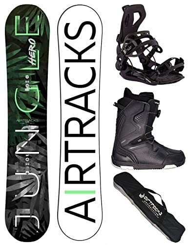 AIRTRACKS Snowboard Set Paquete Completo Tabla Jungle Hero Wide Hybrid Rocker Hombre 155 - Fijaciones Master - Botas Strong ATOP 42 - SB Bag