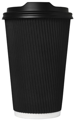 We Can Source It Ltd - 16oz Disposable Black Ripple Paper Cups with Black Lids, Insulated 3 Ply Hot Drink Cups for Coffee, Tea, Espresso, Takeaway, Café and Catering Use, Recyclable Eco Cups - 100Pc
