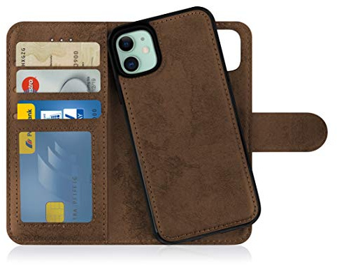 MyGadget Flip-fodral för iPhone 11 - [avtagbart magnetfodral] - mobilfodral av konstläder - [flipfodral med kortplats] skyddsfodral i brunt