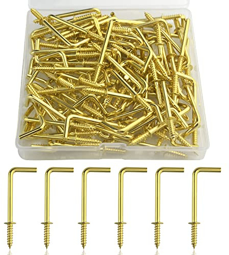 TOVOT 100 Stück L Haken Metall Hakenschrauben Schraubhaken Gerade mit Aufbewahrungsbox Gold Schraubhaken (44×16mm)